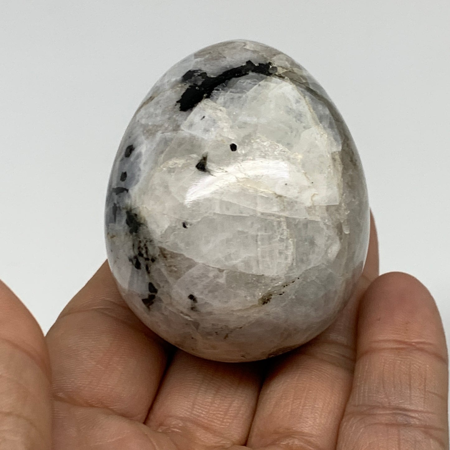 135.5g, 2.1"x1.7", Natural Gemstone White Rainbow Moonstone Egg, B34286