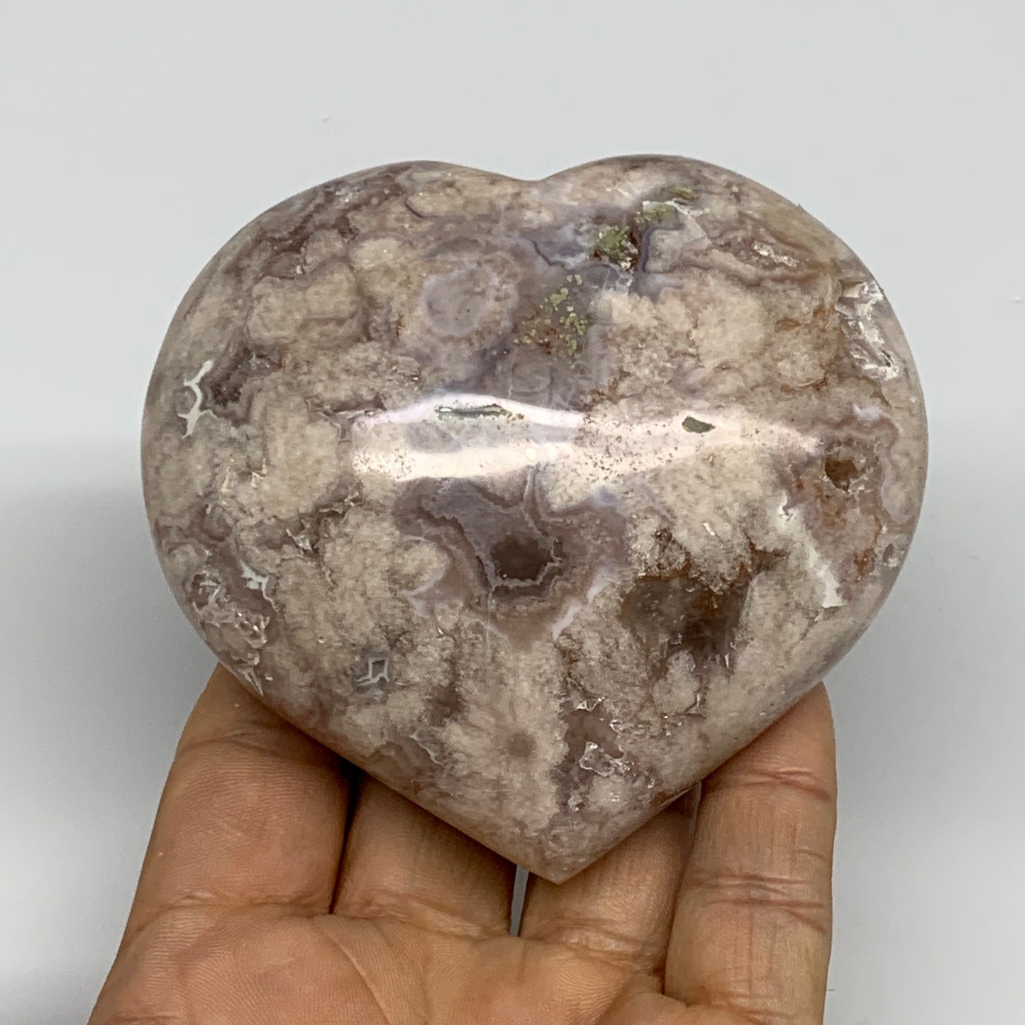 0.76 lbs, 3.2"x3.4"x1.5", Flower Agate Heart Crystal, Blossom Agate, B30992