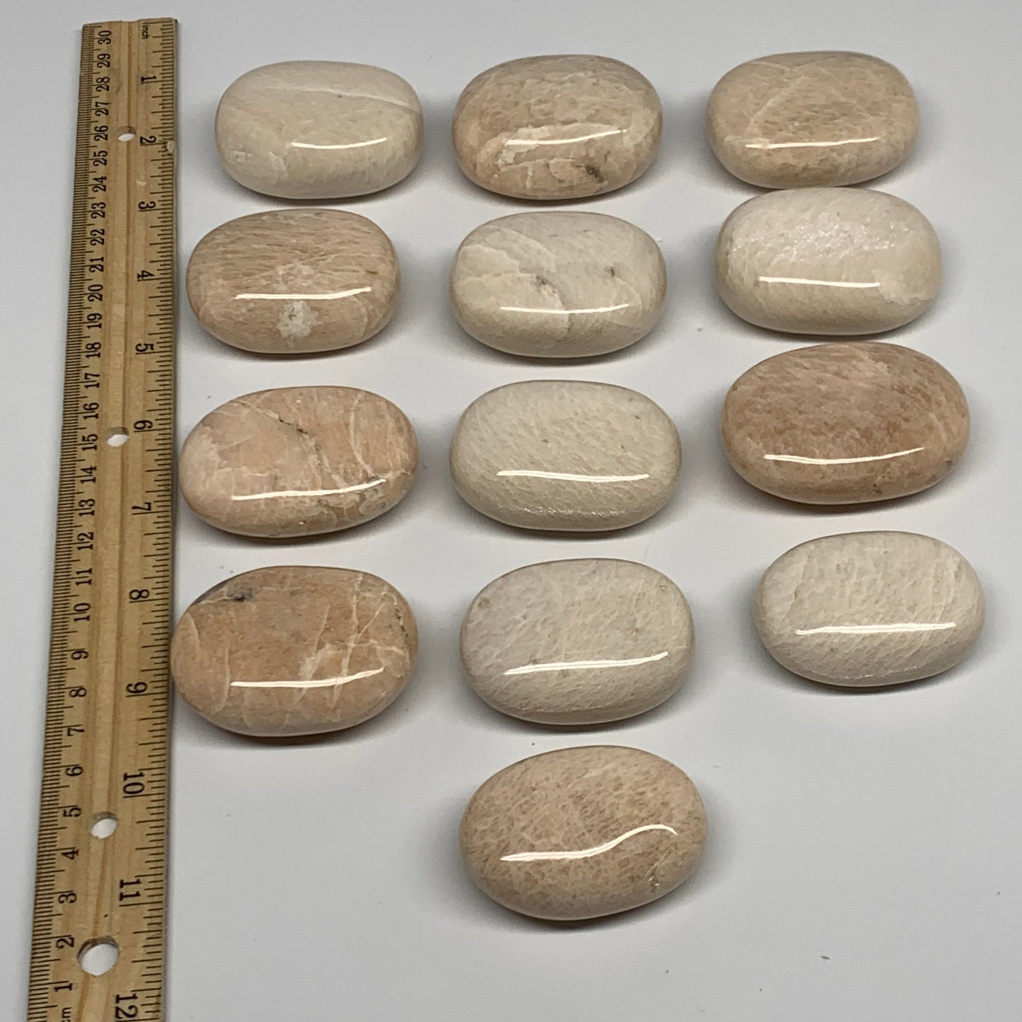 2.2 lbs (1013 Grams), 2"-2.3", 13pcs, Peach/White Moonstone Palm-Stone, B28000