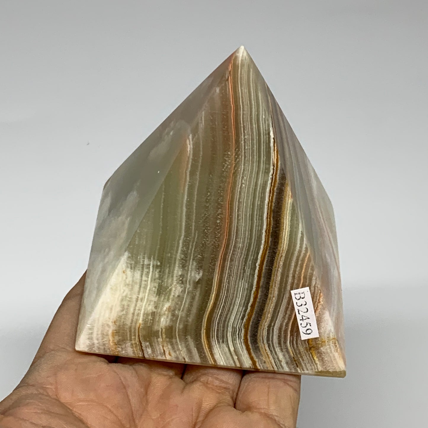 0.89 lbs, 3"x2.9"x2.9", Green Onyx Pyramid Gemstone Crystal, B32459