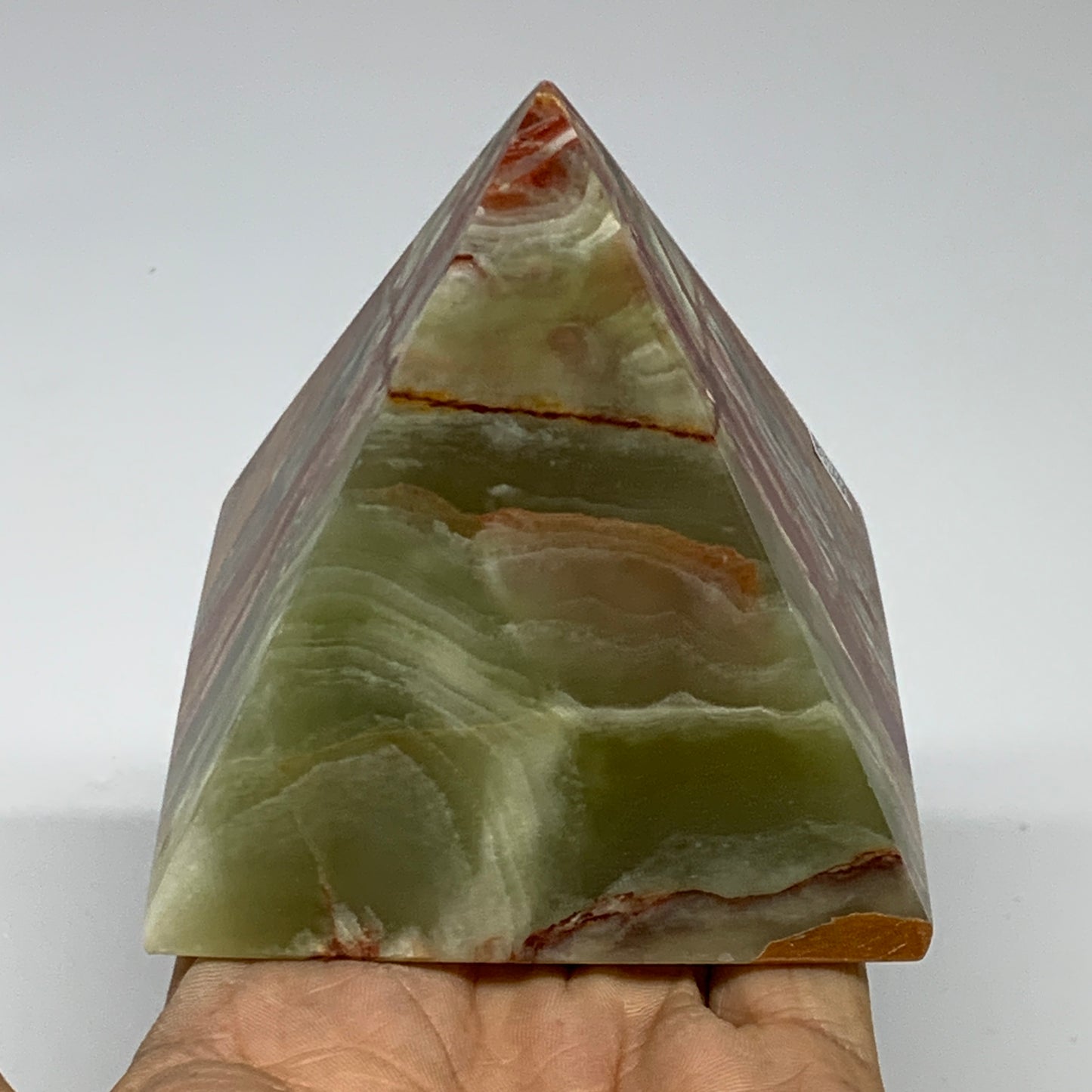 1.05 lbs, 3.1"x3"x3", Green Onyx Pyramid Gemstone Crystal, B32466