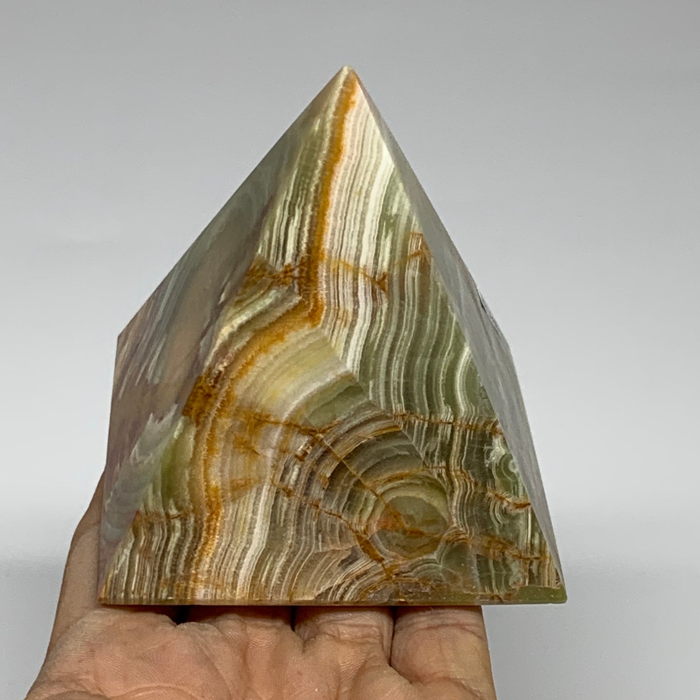 0.97 lbs, 3"x2.9"x2.9", Green Onyx Pyramid Gemstone Crystal, B32468