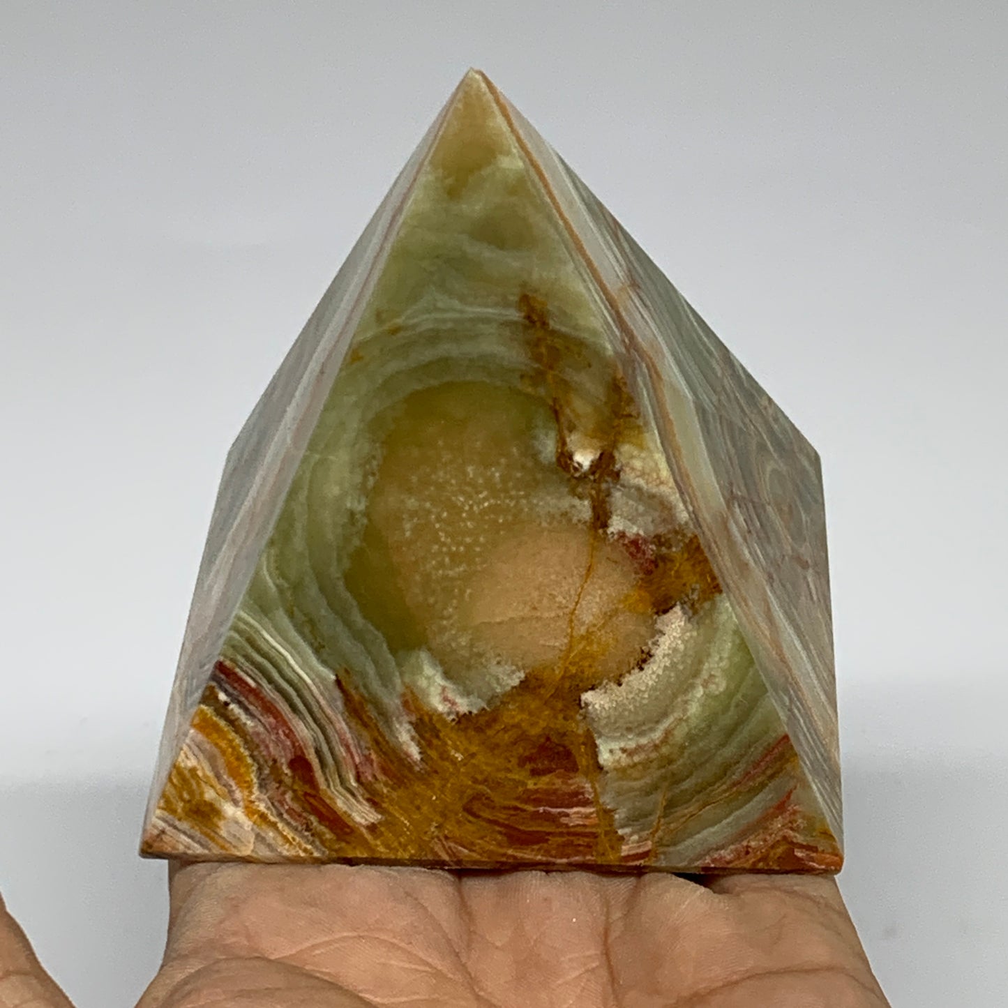 0.97 lbs, 3"x2.9"x2.9", Green Onyx Pyramid Gemstone Crystal, B32468