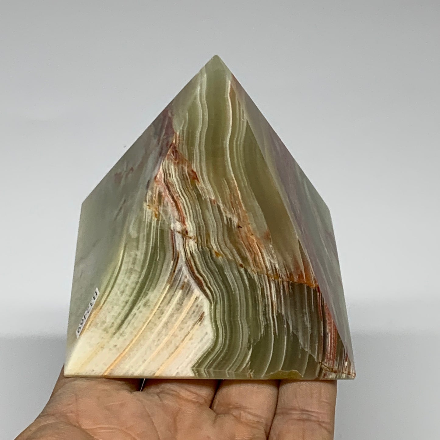 0.93 lbs, 2.9"x3"x3", Green Onyx Pyramid Gemstone Crystal, B32469