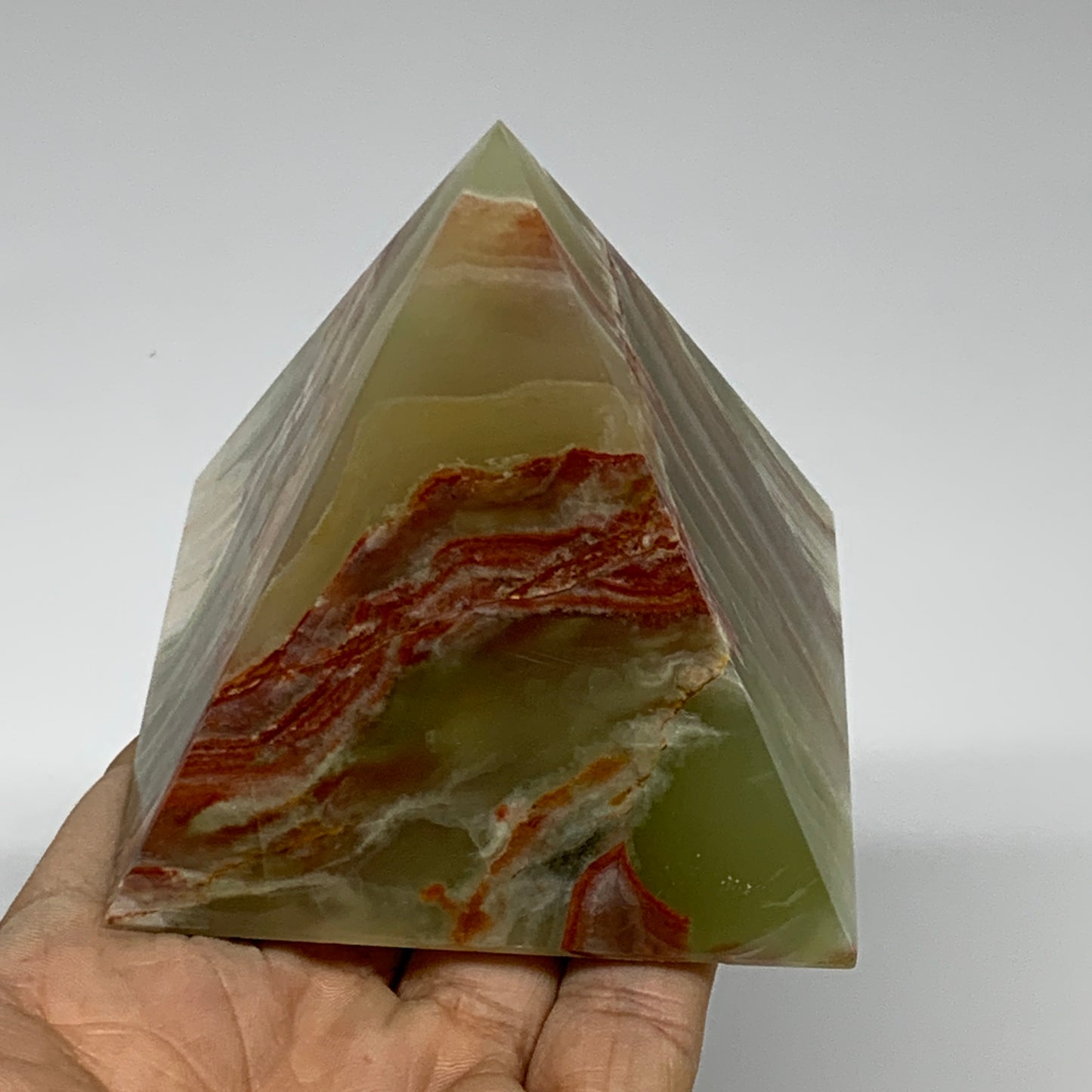 0.93 lbs, 2.9"x3"x3", Green Onyx Pyramid Gemstone Crystal, B32469