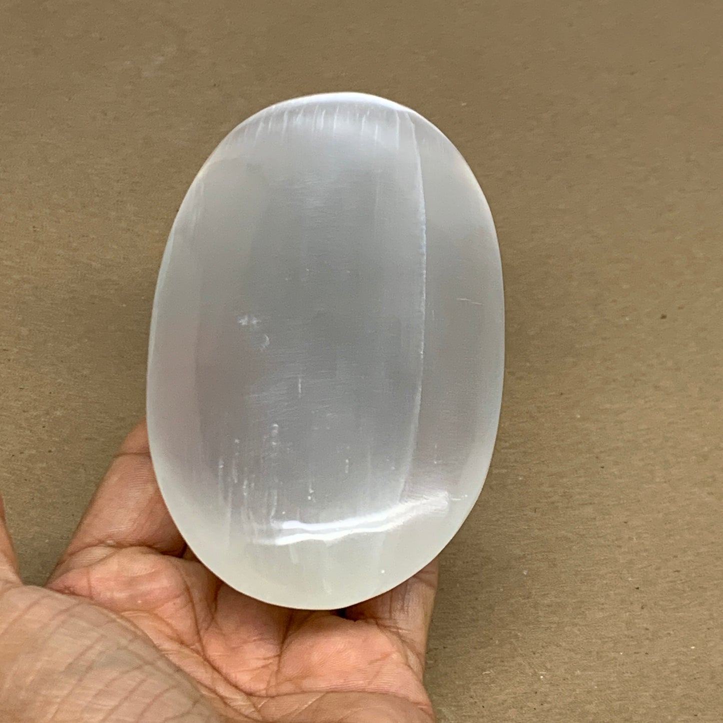 0.62 lbs, 4.9"x2.8"x1.1", White Selenite Palmstone Crystal Pillow Reiki, B35922