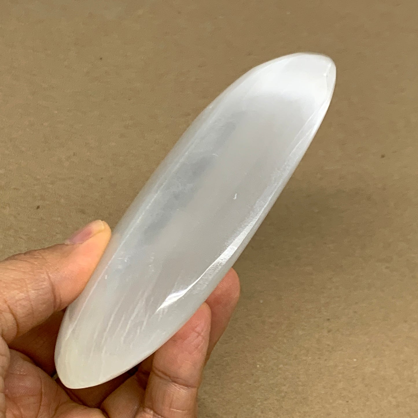 0.62 lbs, 4.9"x2.8"x1.1", White Selenite Palmstone Crystal Pillow Reiki, B35922