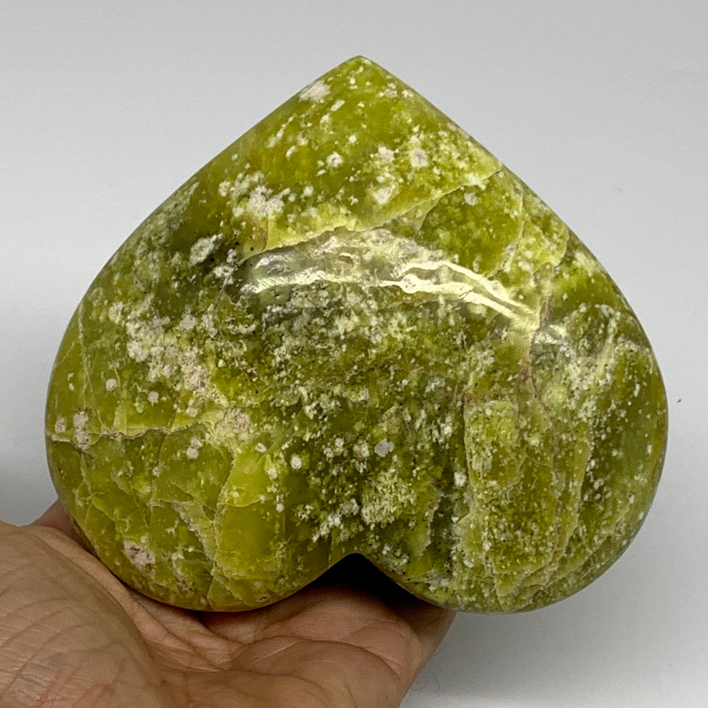 1.17 lbs, 4"x4.4"x1.6" Green Serpentine Heart Polished Gemstones, B33851