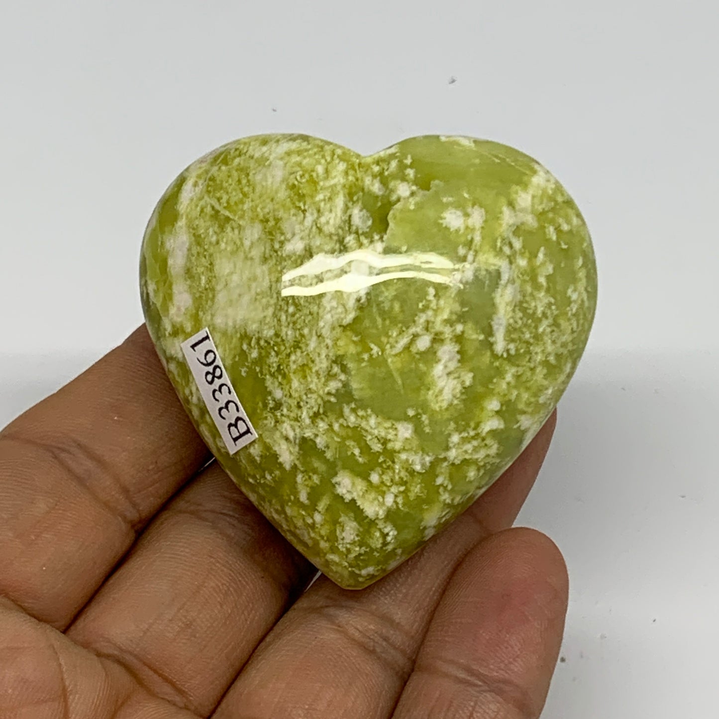 90.4g, 2"x2"x1.1" Green Serpentine Heart Polished Gemstones, B33861