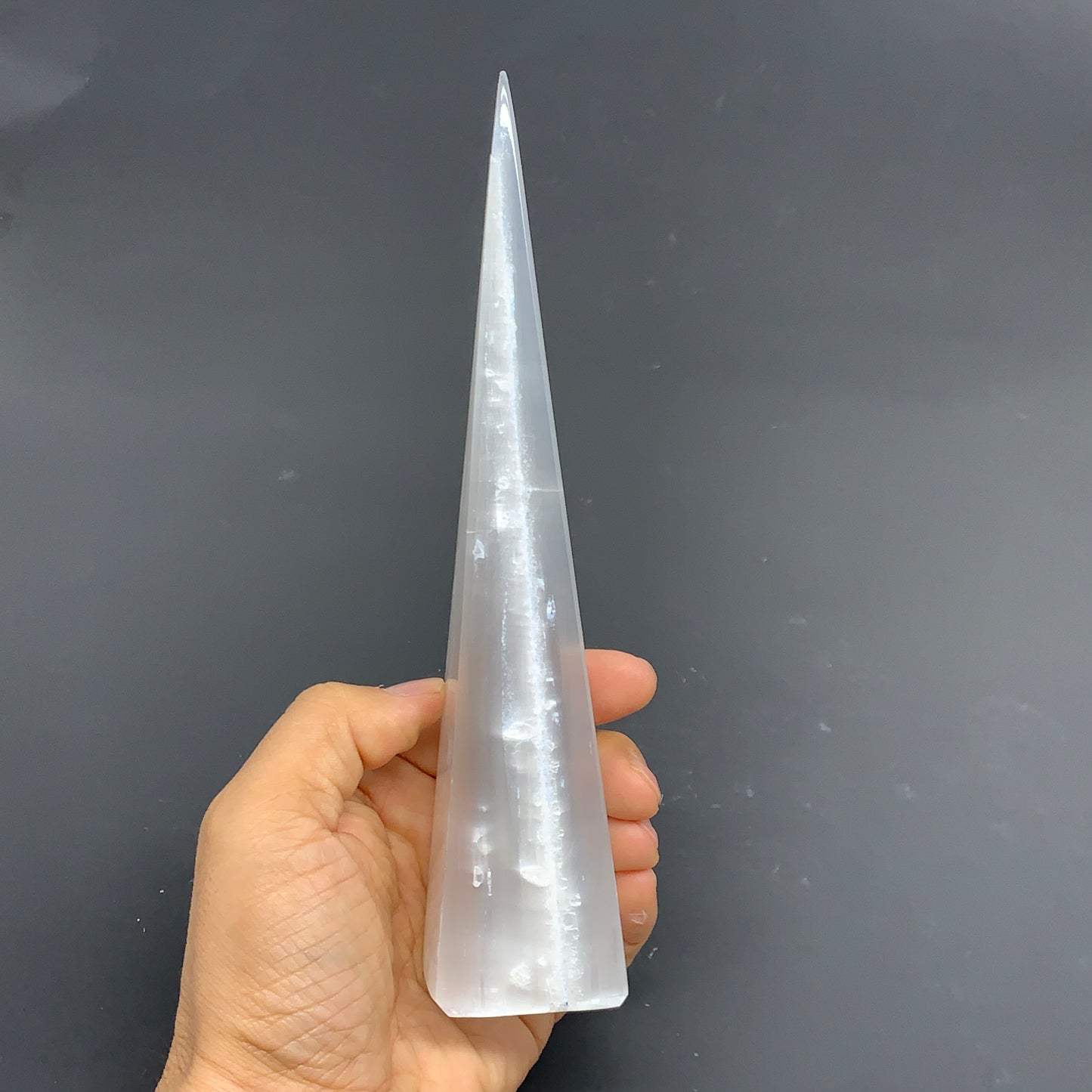 288.1g, 7.8"x1.7", Selenite (Satin Spar) Crystal Crystal Tower Point,B35953