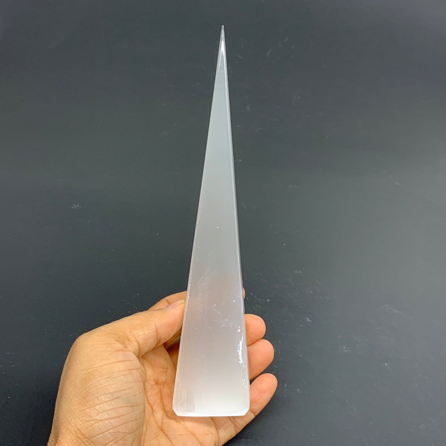 257g, 7.5"x1.6" Selenite (Satin Spar) Crystal Crystal Tower Point,B35960