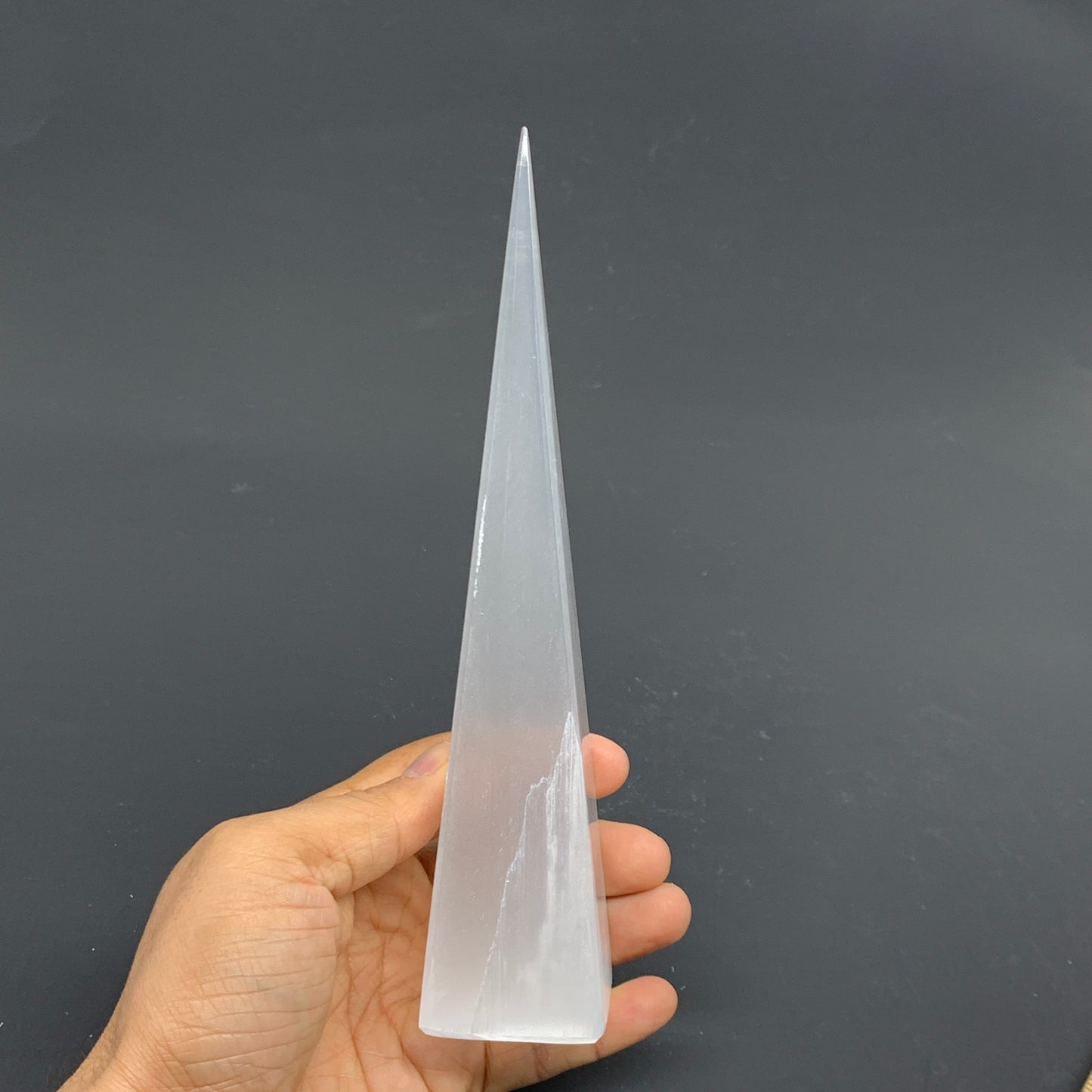 271g, 7.7"x1.6" Selenite (Satin Spar) Crystal Crystal Tower Point, B35963