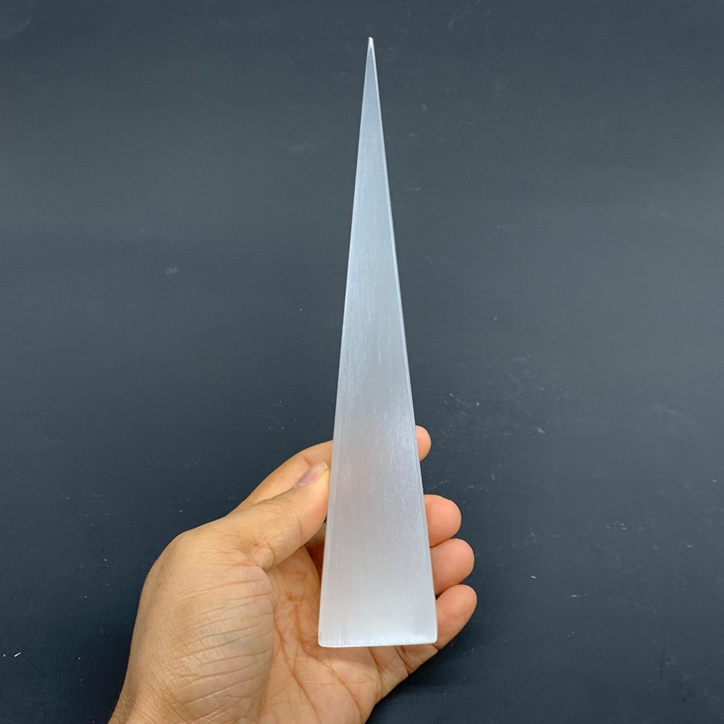 238.6g, 7.5"x1.6" Selenite (Satin Spar) Crystal Crystal Tower Point, B35964