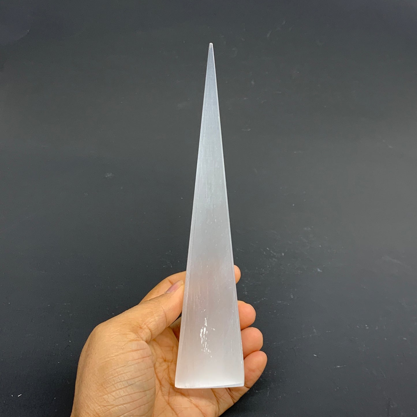 238.6g, 7.5"x1.6" Selenite (Satin Spar) Crystal Crystal Tower Point, B35964