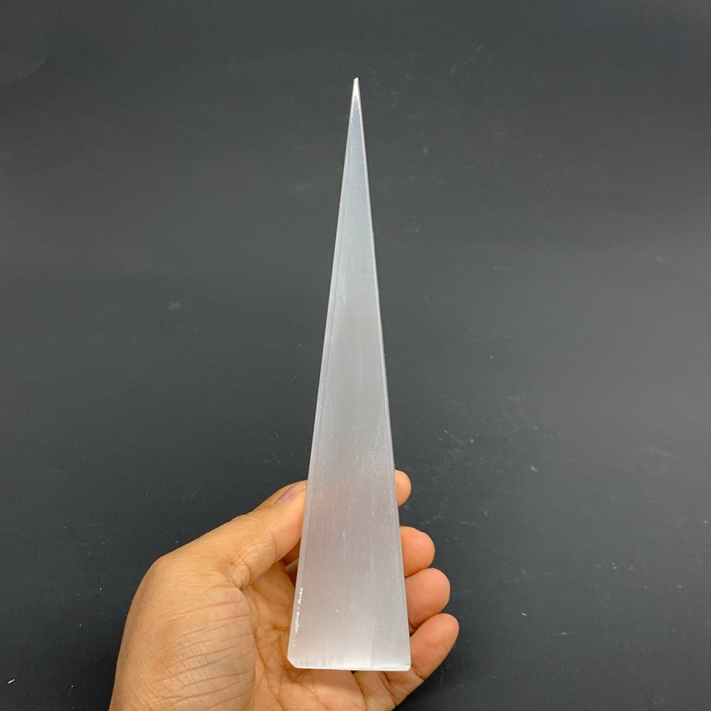 238.6g, 7.5"x1.6" Selenite (Satin Spar) Crystal Crystal Tower Point, B35964