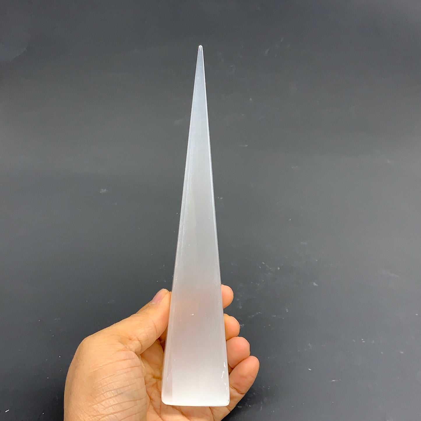 238.6g, 7.5"x1.6" Selenite (Satin Spar) Crystal Crystal Tower Point, B35964