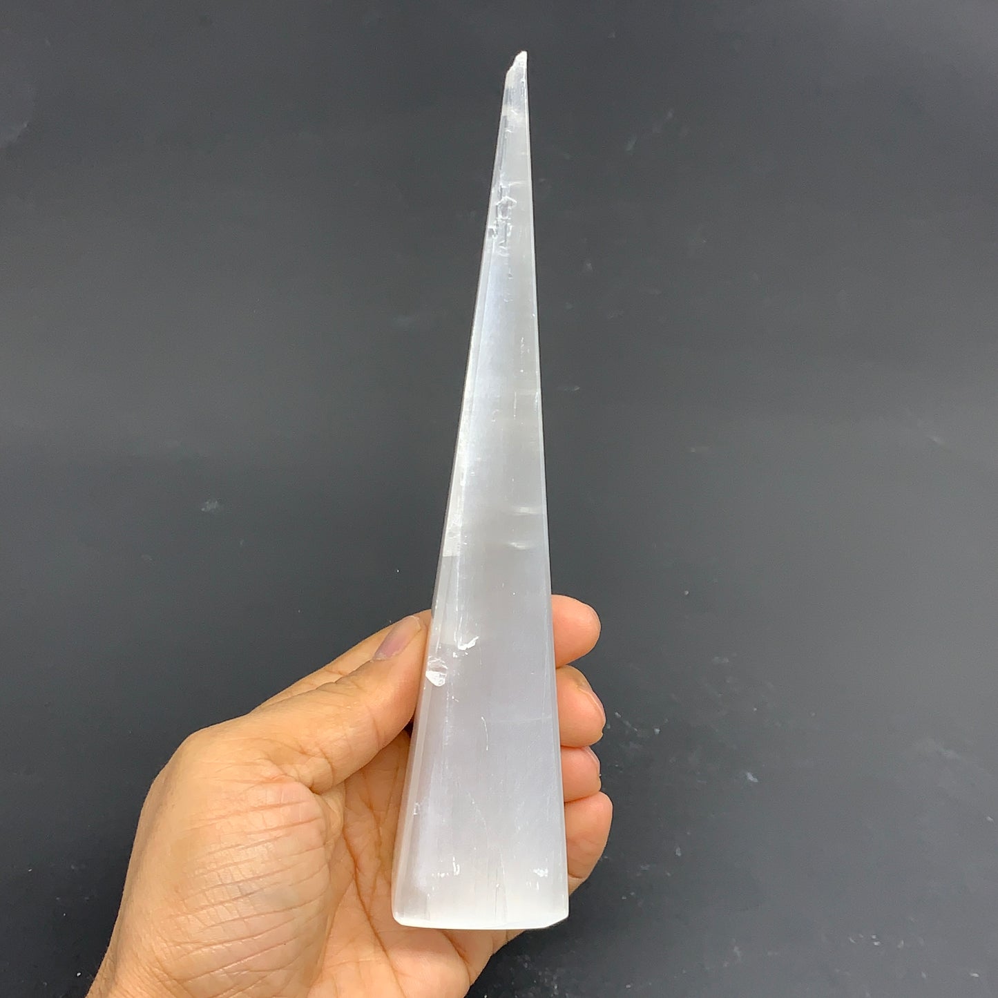 216g, 7.25"x1.5" Selenite (Satin Spar) Crystal Crystal Tower Point, B35965