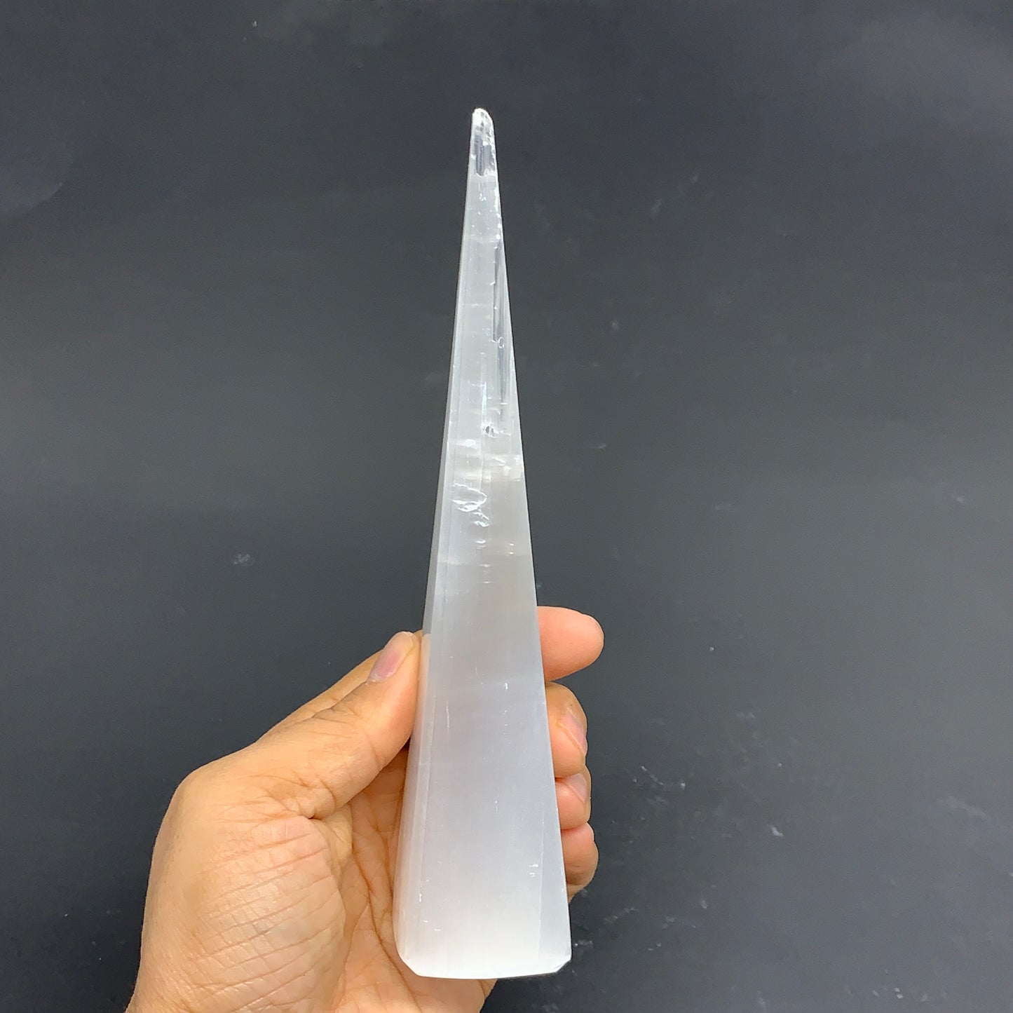 216g, 7.25"x1.5" Selenite (Satin Spar) Crystal Crystal Tower Point, B35965