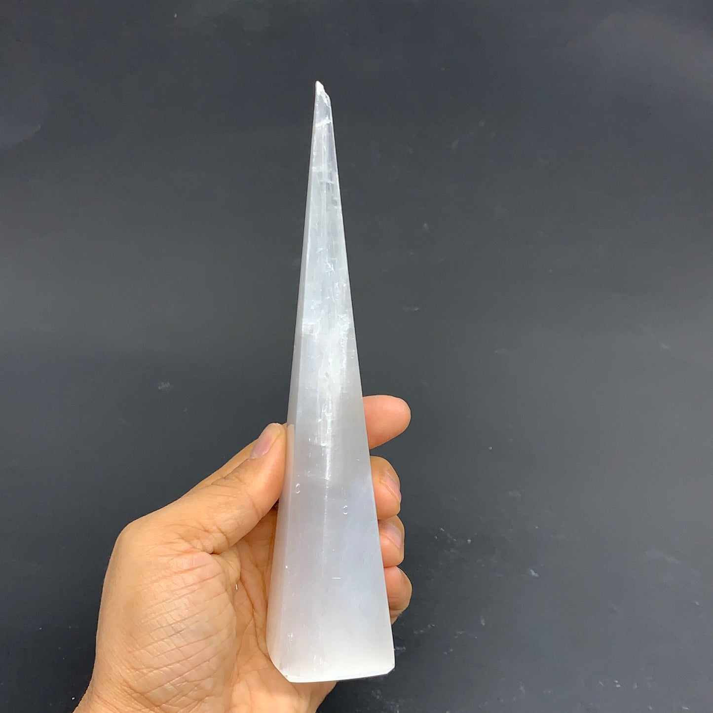 216g, 7.25"x1.5" Selenite (Satin Spar) Crystal Crystal Tower Point, B35965