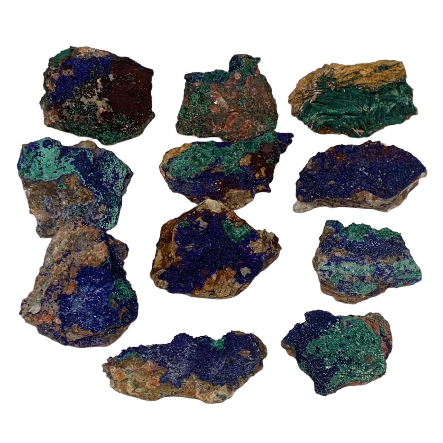 1302g, 2.1"-3", 11pcs Lot, Azurite Malachite Mineral Specimen @Morocco, B11288