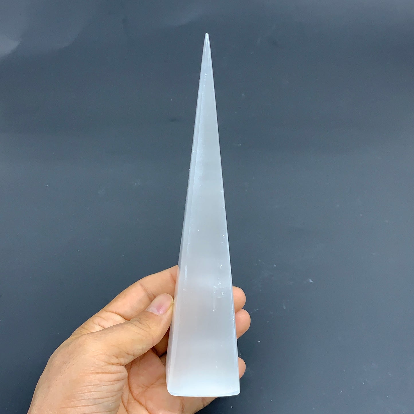 266g, 7.5"x1.6" Selenite (Satin Spar) Crystal Crystal Tower Point, B35987