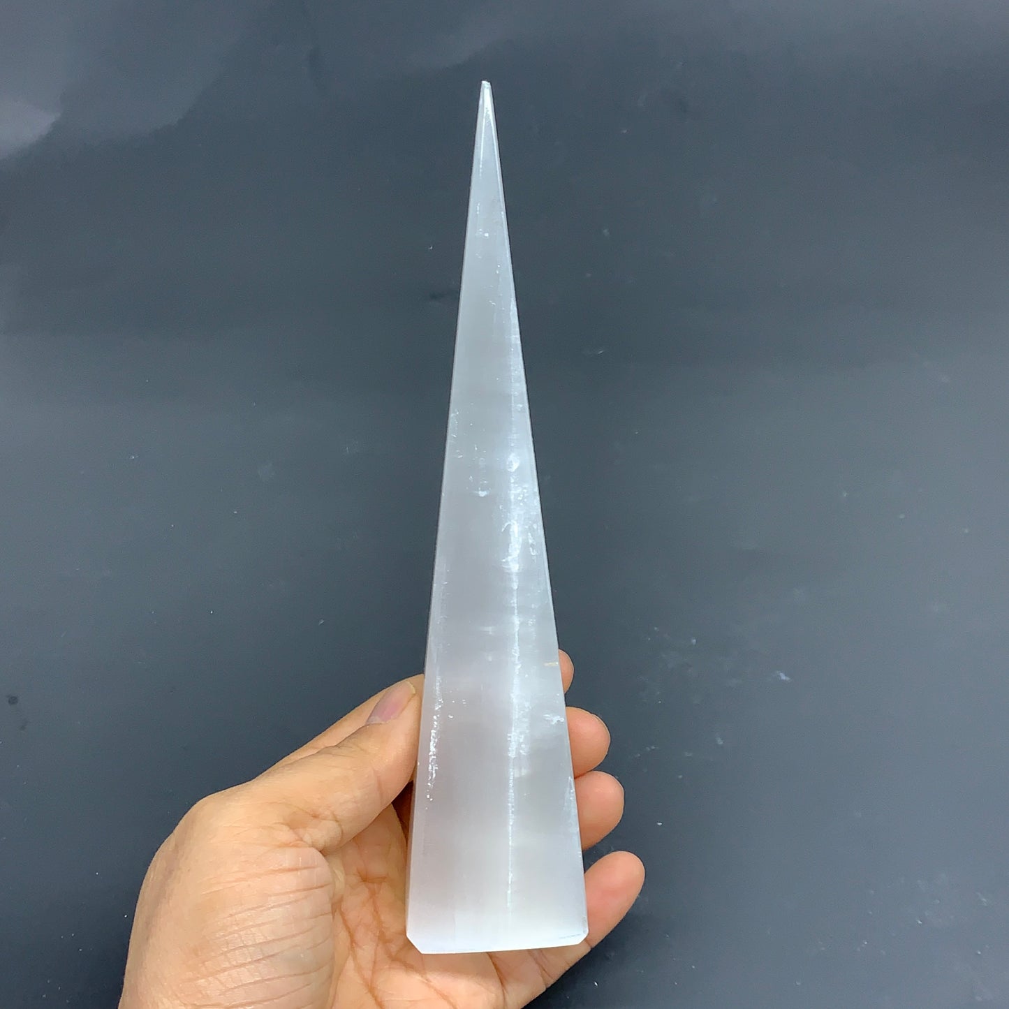 266g, 7.5"x1.6" Selenite (Satin Spar) Crystal Crystal Tower Point, B35987