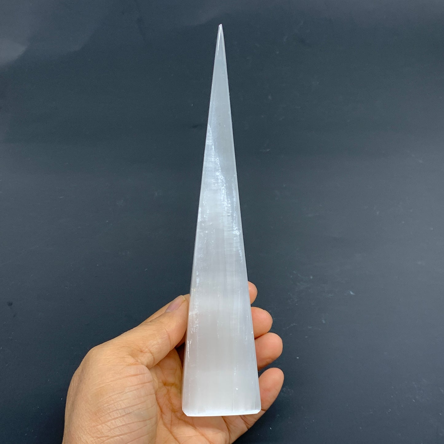 266g, 7.5"x1.6" Selenite (Satin Spar) Crystal Crystal Tower Point, B35987