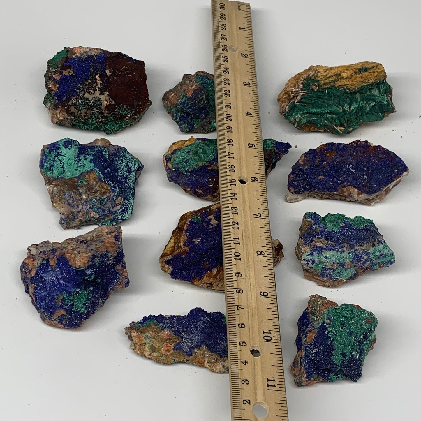 1302g, 2.1"-3", 11pcs Lot, Azurite Malachite Mineral Specimen @Morocco, B11288