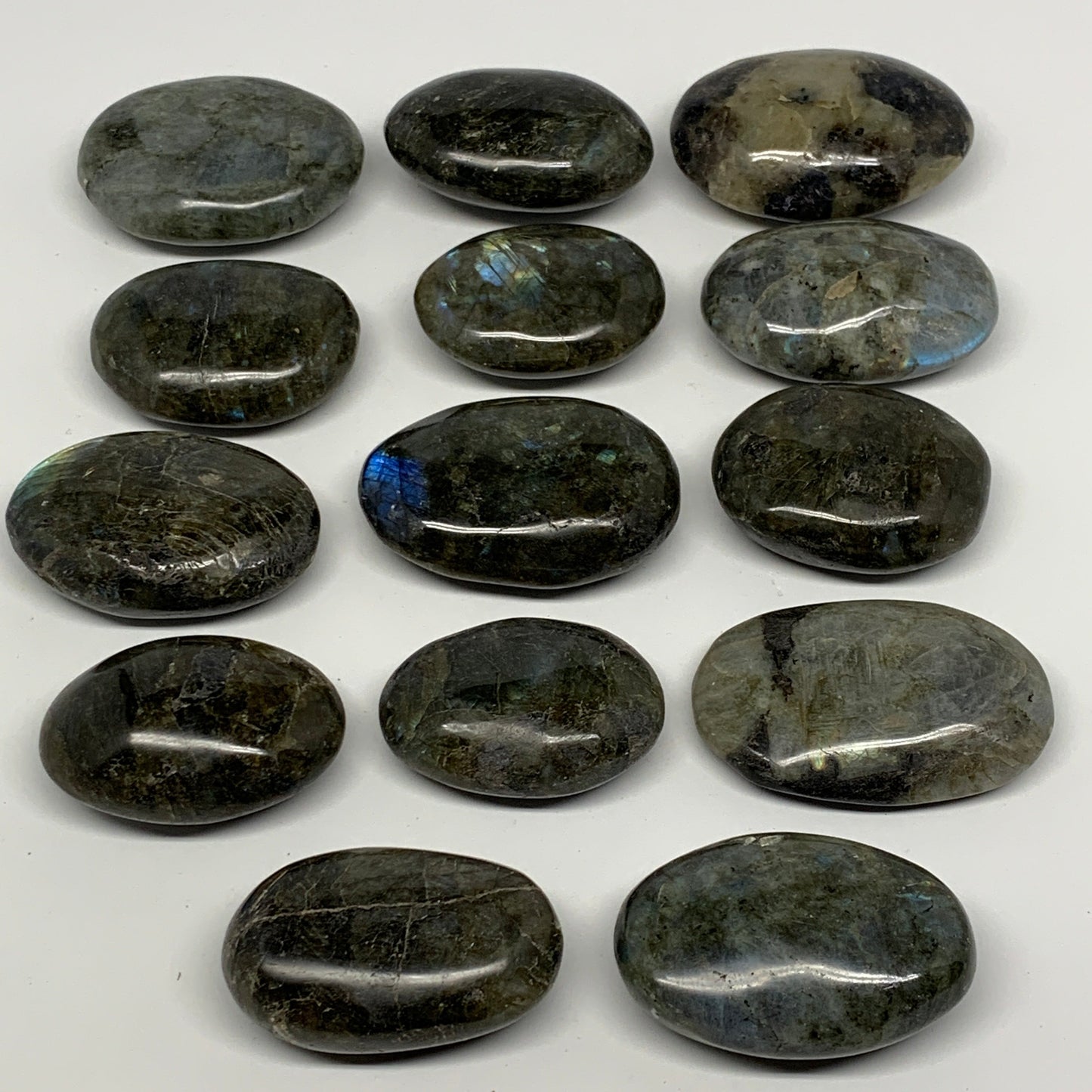 2.2 lbs,2"-2.6", 14pcs, Labradorite Palm-stone Polished Reiki @Madagascar,B17781