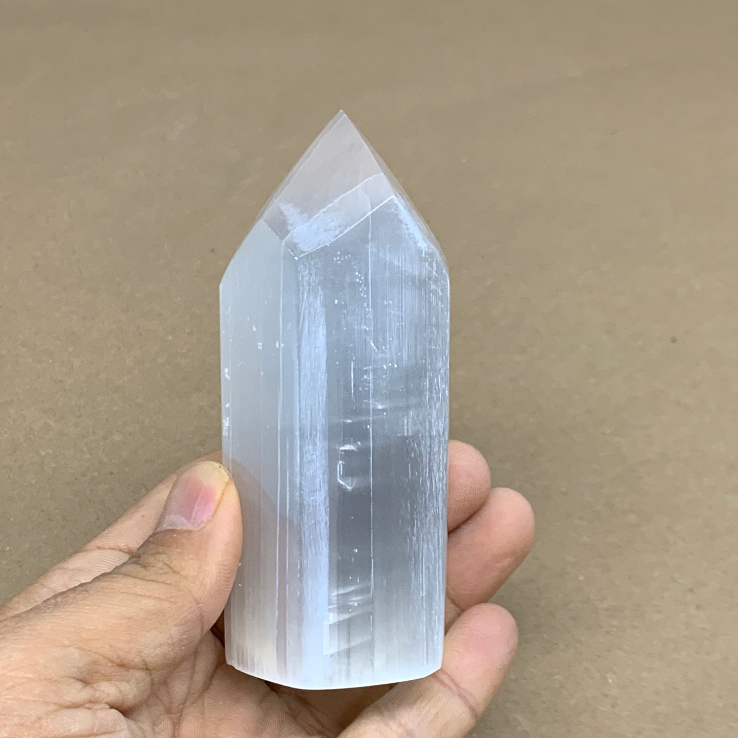 210g, 3.8"x1.4"x1.4", Selenite (Satin Spar) Crystal Tower Point, B35993