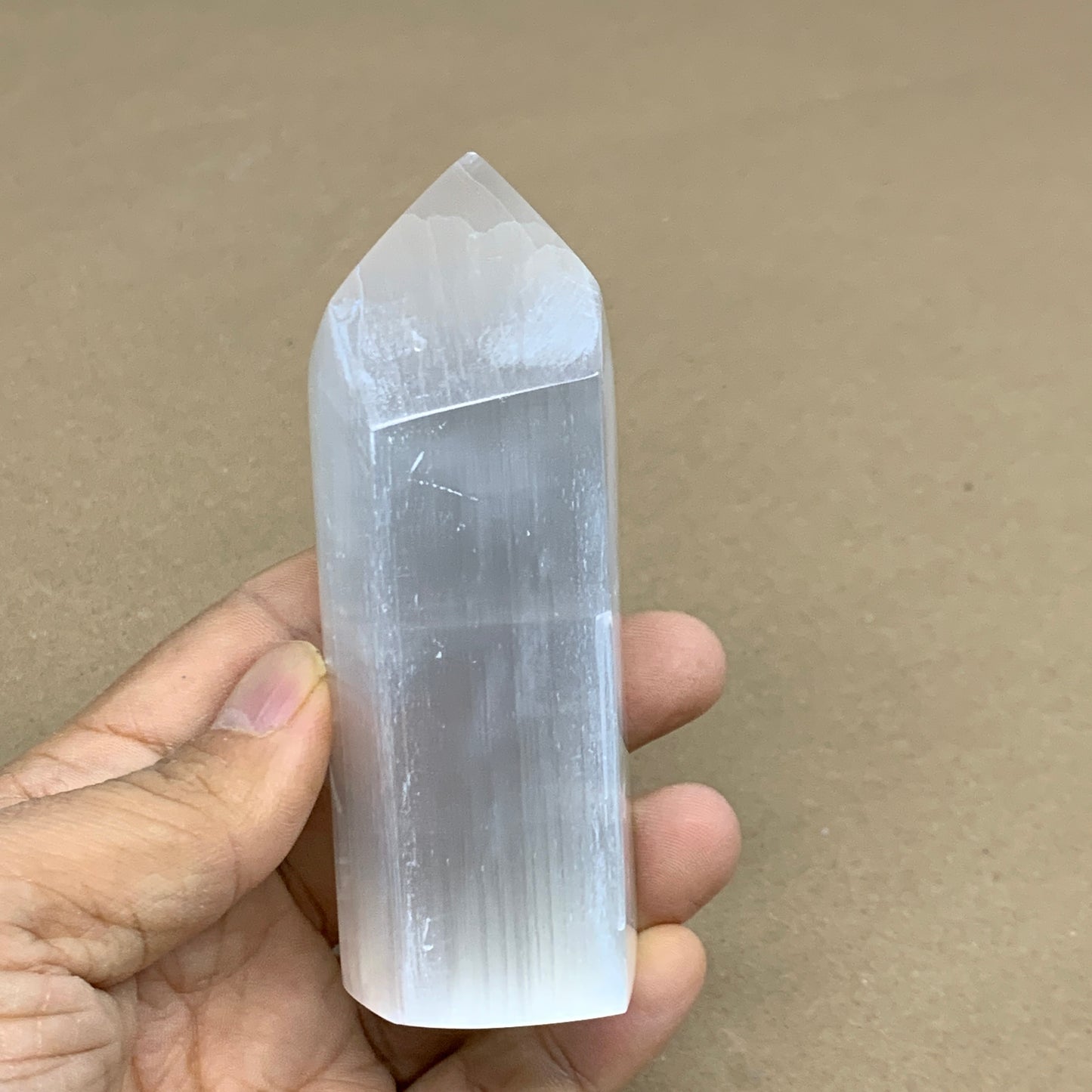 210g, 3.8"x1.4"x1.4", Selenite (Satin Spar) Crystal Tower Point, B35993