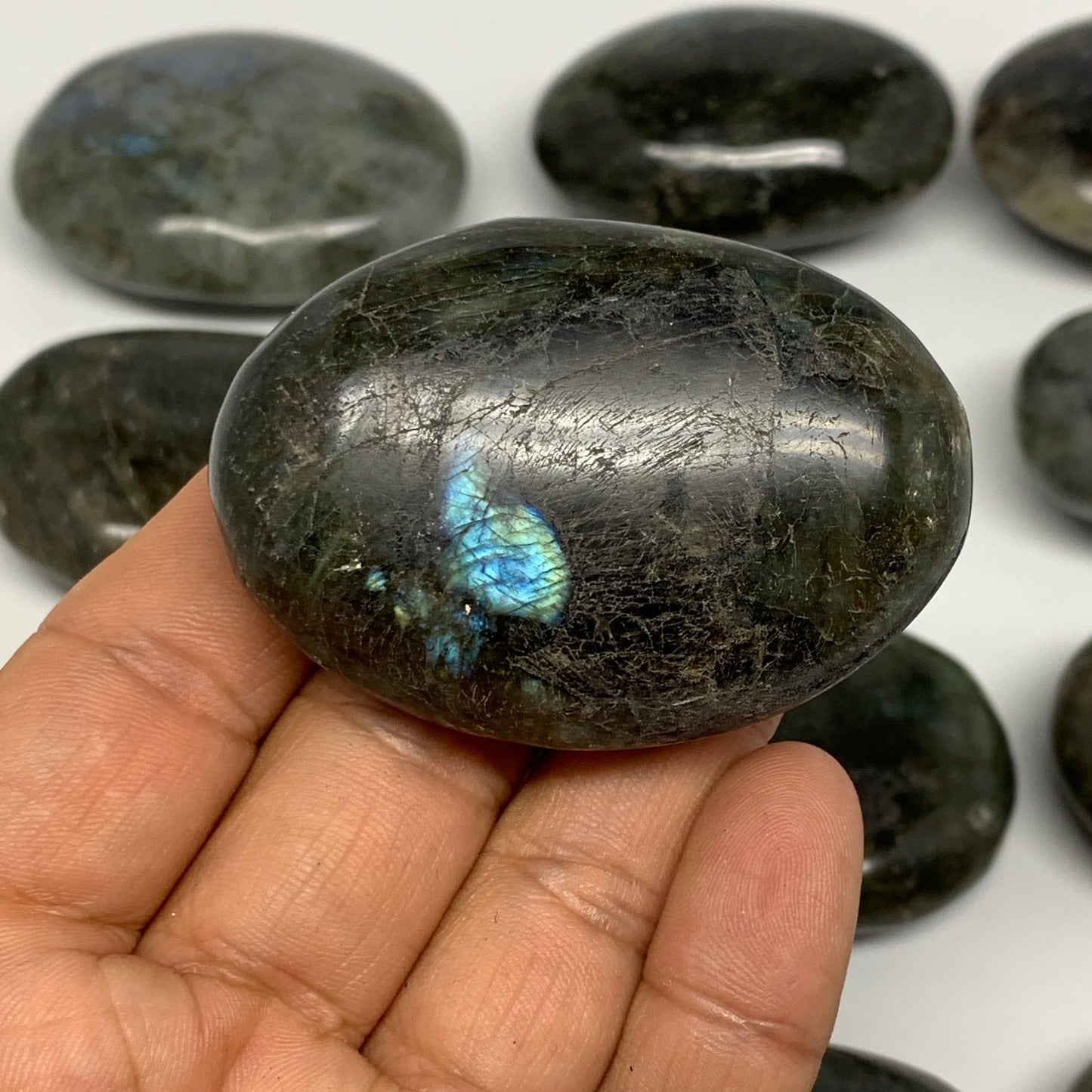 2.2 lbs,2"-2.6", 14pcs, Labradorite Palm-stone Polished Reiki @Madagascar,B17781