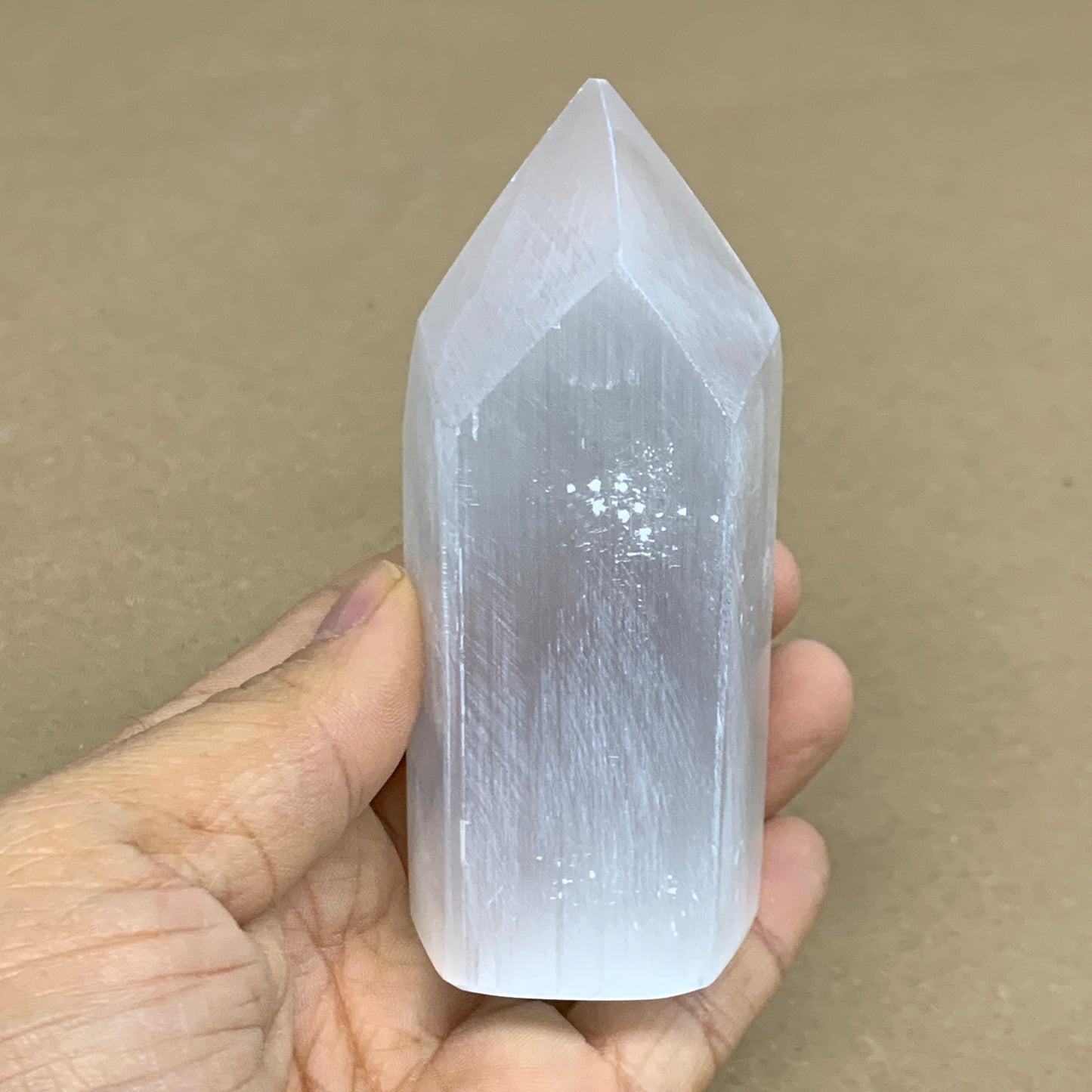 210g, 3.8"x1.6"x1.6", Selenite (Satin Spar) Crystal Tower Point, B35994