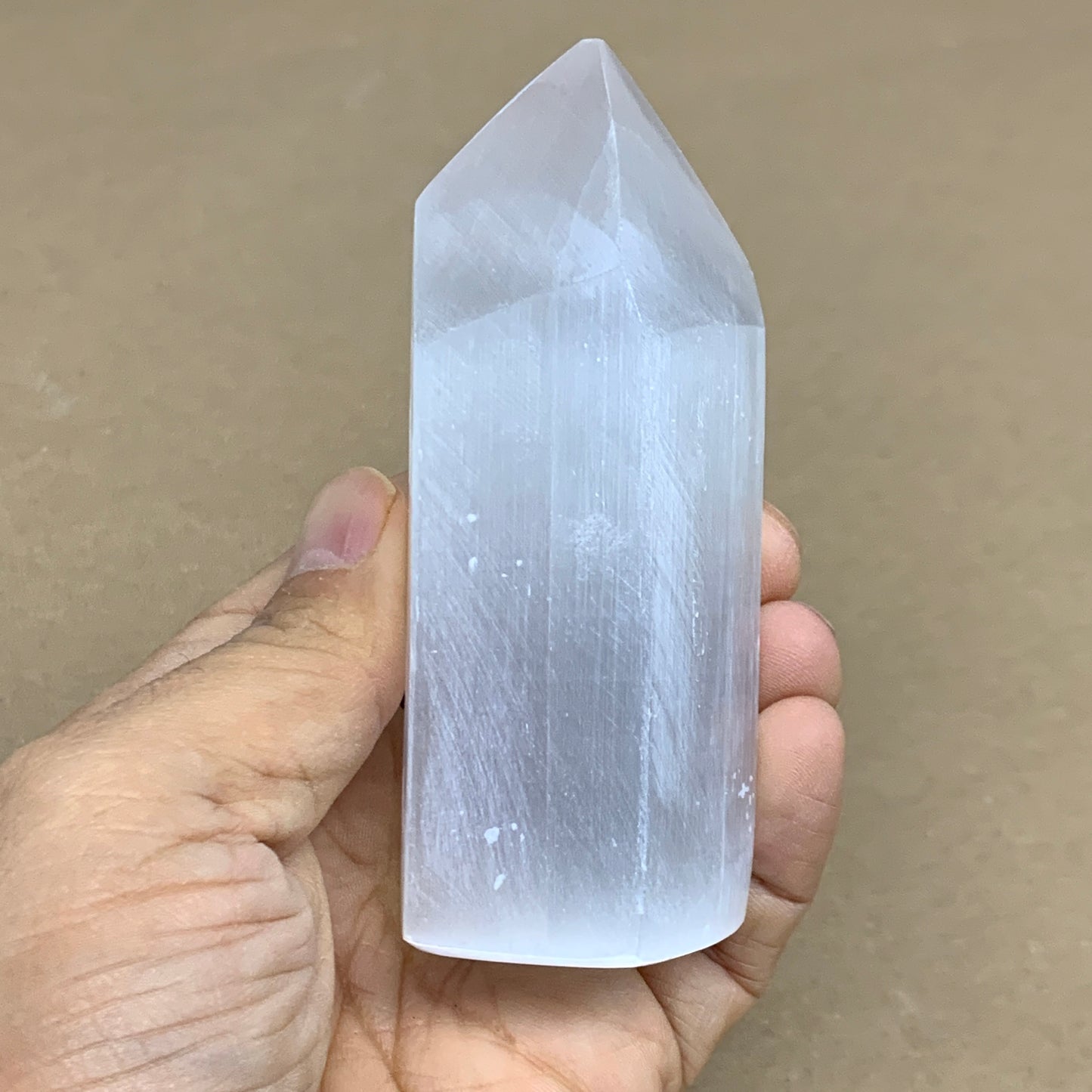 210g, 3.8"x1.6"x1.6", Selenite (Satin Spar) Crystal Tower Point, B35994