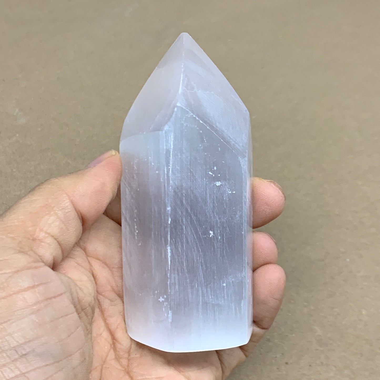 210g, 3.8"x1.6"x1.6", Selenite (Satin Spar) Crystal Tower Point, B35994