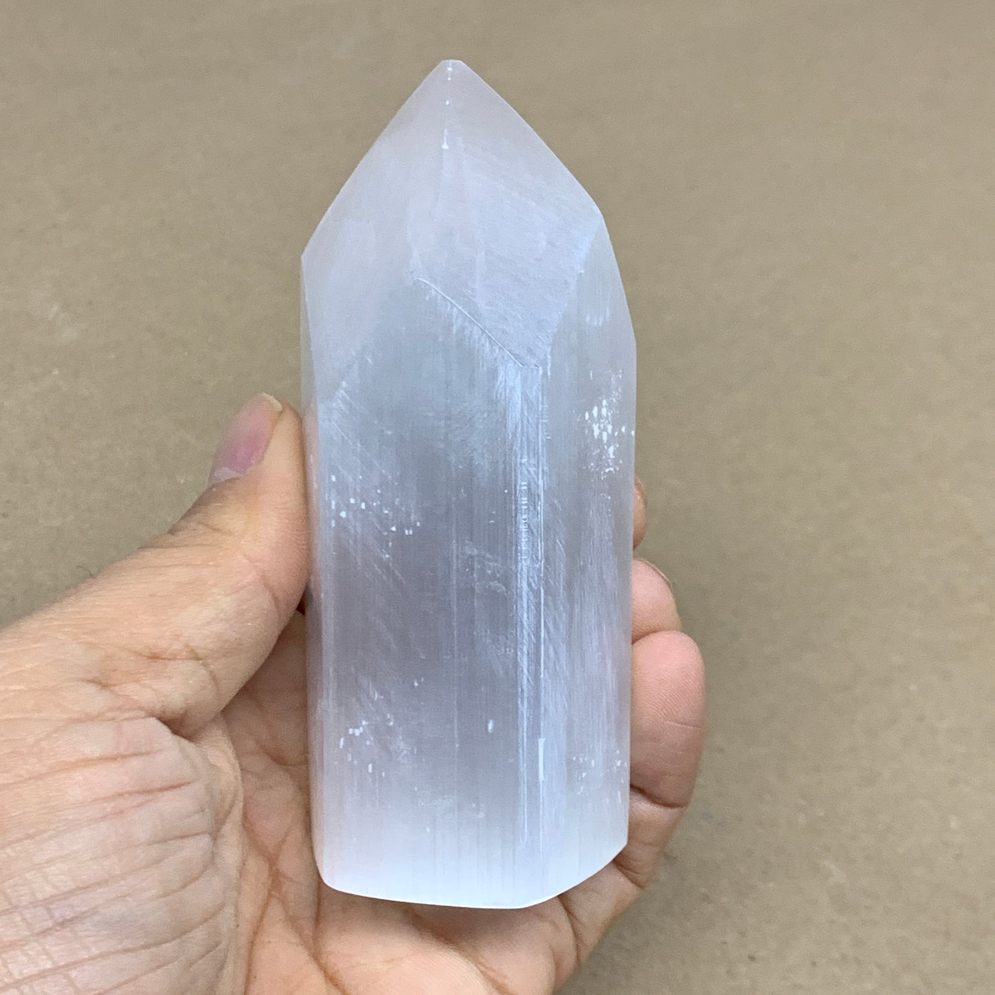 210g, 3.8"x1.6"x1.6", Selenite (Satin Spar) Crystal Tower Point, B35994