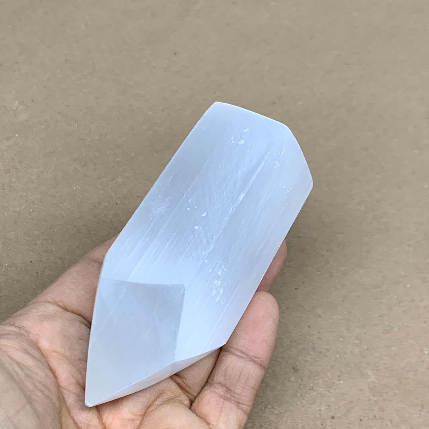 210g, 3.8"x1.6"x1.6", Selenite (Satin Spar) Crystal Tower Point, B35994