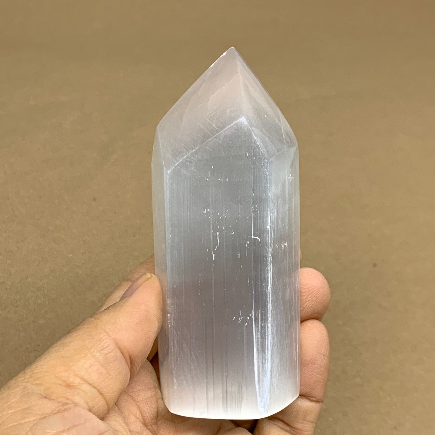 210g, 3.9"x1.6"x1.6", Selenite (Satin Spar) Crystal Tower Point, B35995