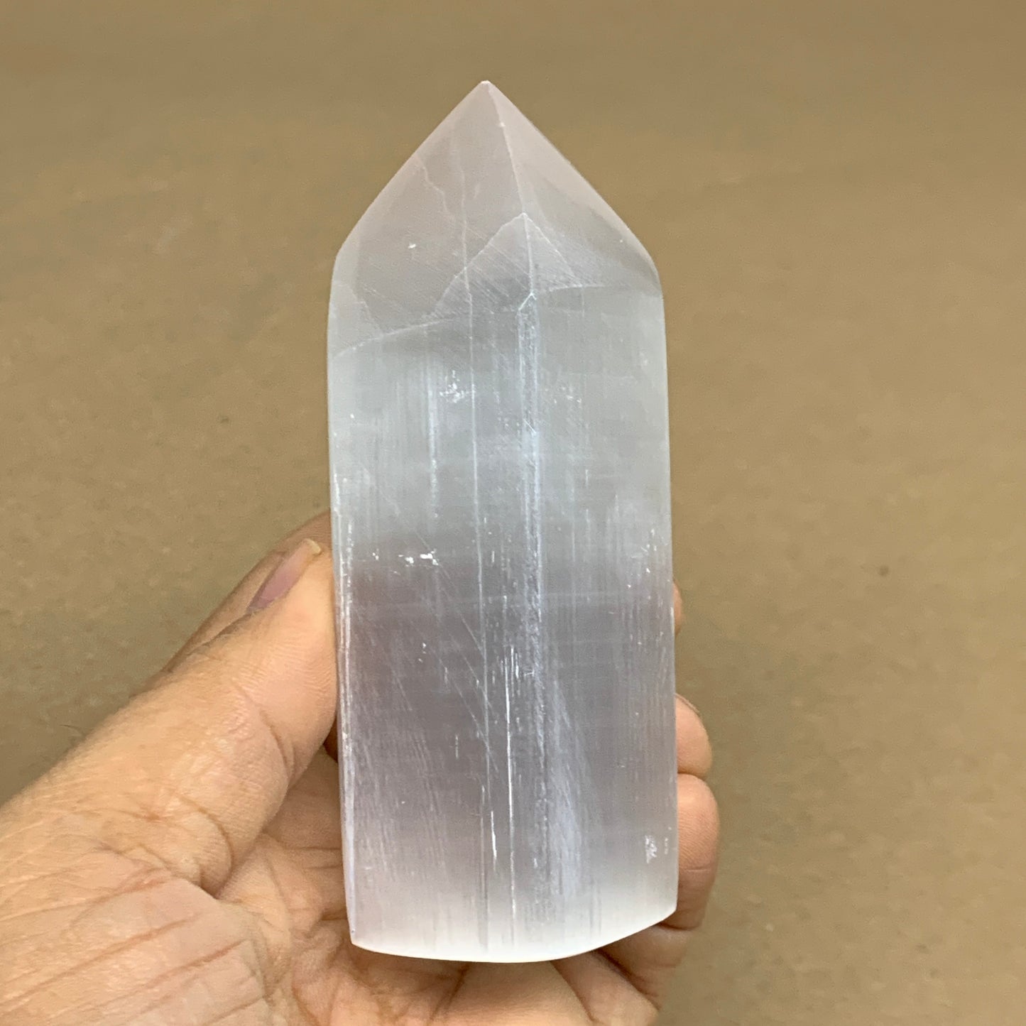 210g, 3.9"x1.6"x1.6", Selenite (Satin Spar) Crystal Tower Point, B35995