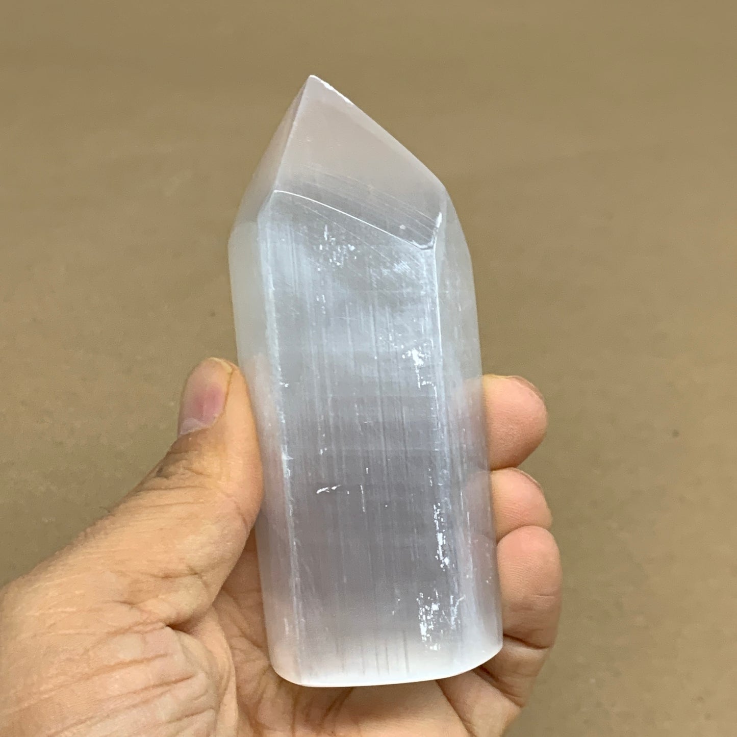 210g, 3.9"x1.6"x1.6", Selenite (Satin Spar) Crystal Tower Point, B35995