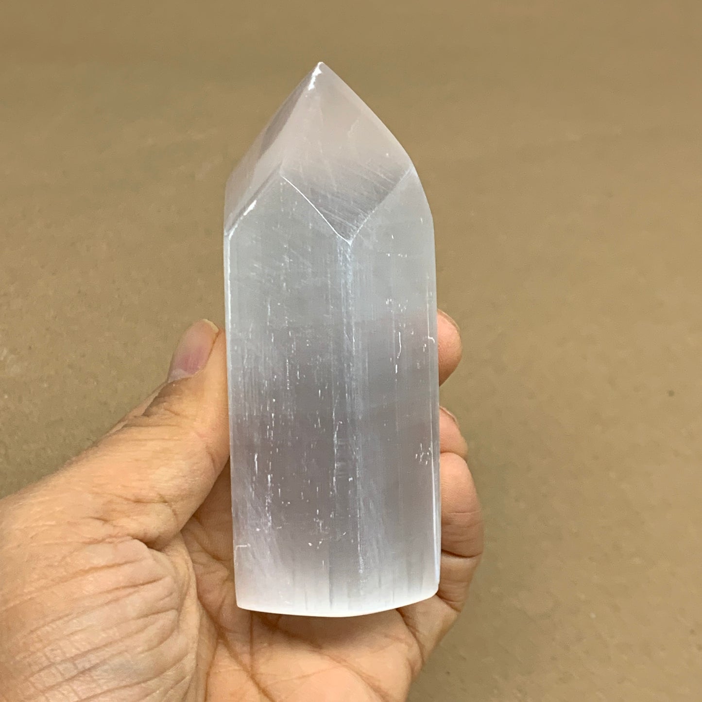 210g, 3.9"x1.6"x1.6", Selenite (Satin Spar) Crystal Tower Point, B35995