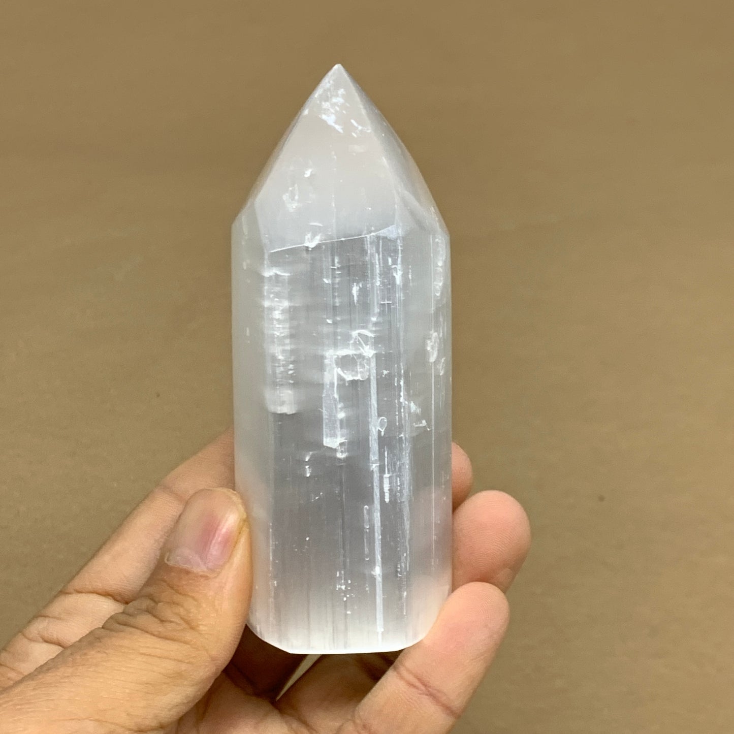 180g, 3.8"x1.5"x1.4", Selenite (Satin Spar) Crystal Tower Point, B35996