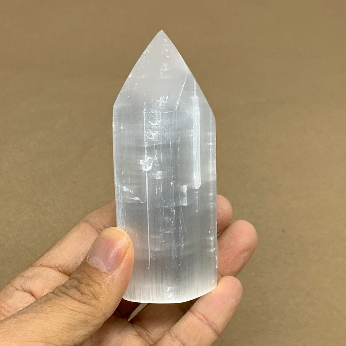 180g, 3.8"x1.5"x1.4", Selenite (Satin Spar) Crystal Tower Point, B35996