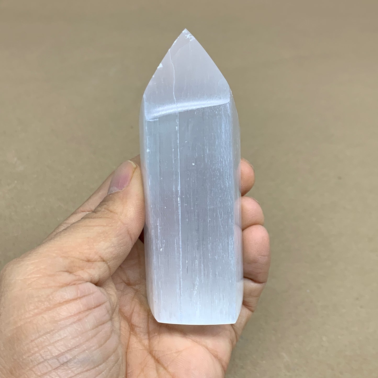 180g, 3.8"x1.4"x1.6", Selenite (Satin Spar) Crystal Tower Point, B36005