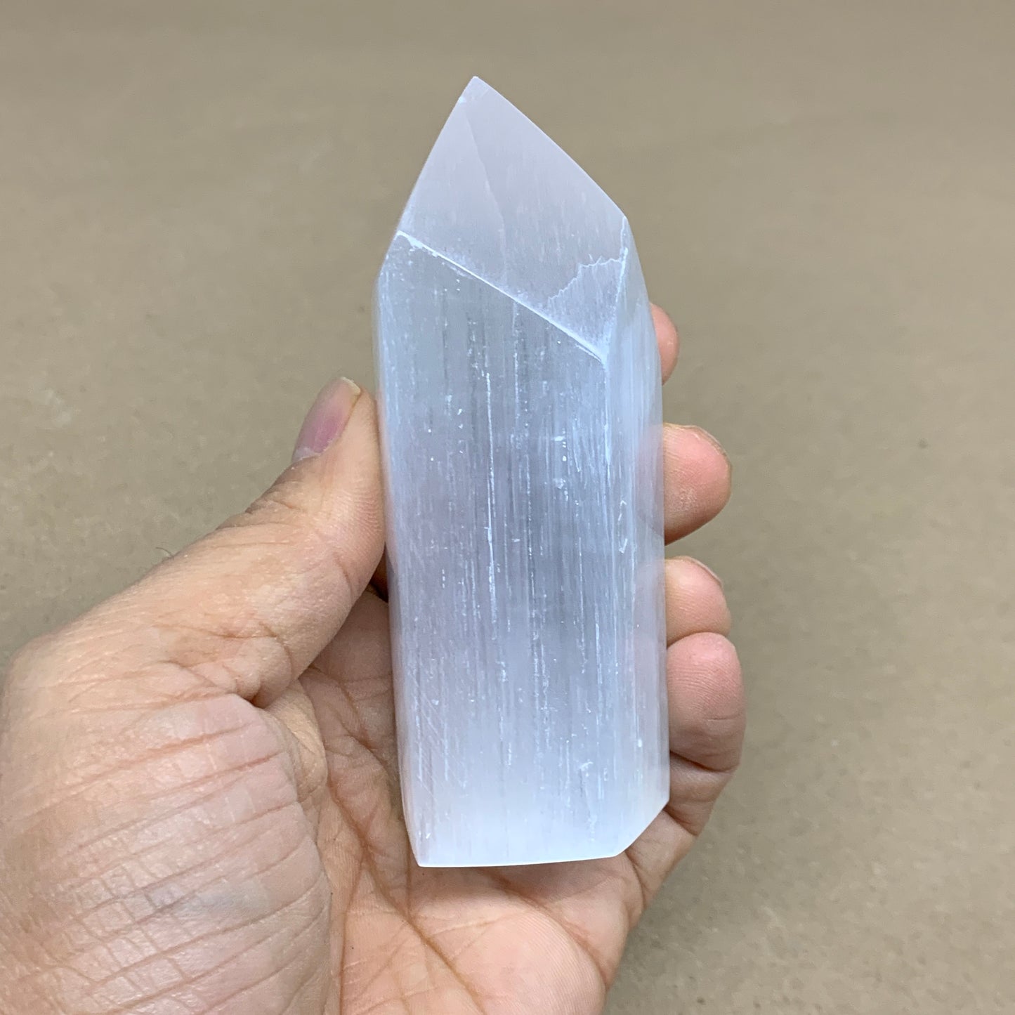 180g, 3.8"x1.4"x1.6", Selenite (Satin Spar) Crystal Tower Point, B36005