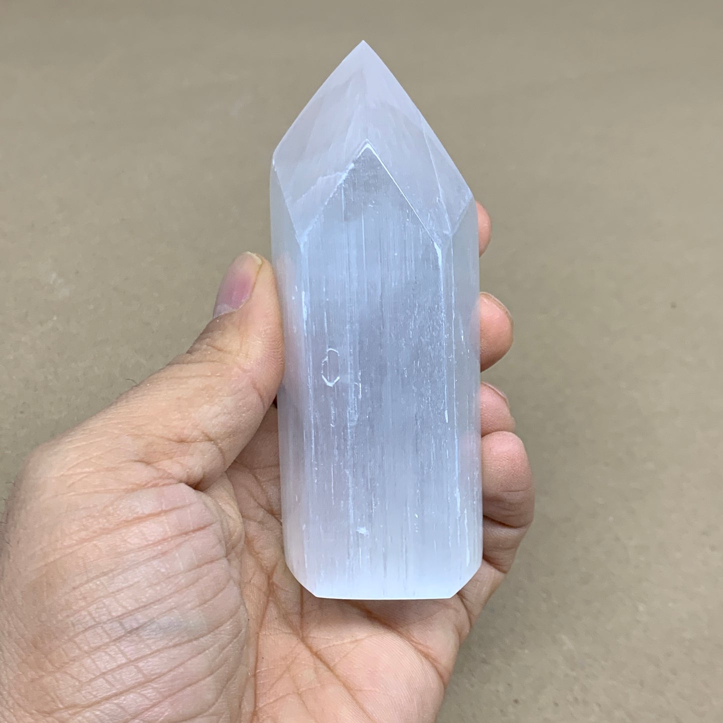 180g, 3.8"x1.4"x1.6", Selenite (Satin Spar) Crystal Tower Point, B36005