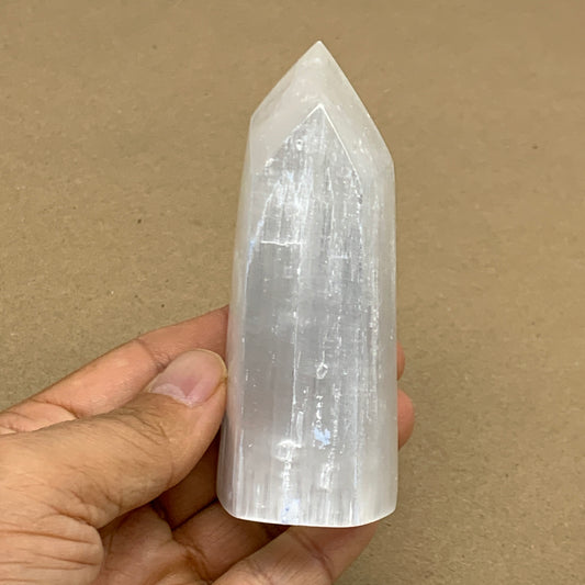 166g, 3.8"x1.6", Selenite (Satin Spar) Crystal Tower Point, B36019