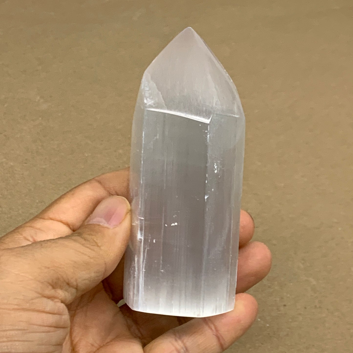 191g, 3.8"x1.5", Selenite (Satin Spar) Crystal Tower Point, B36021