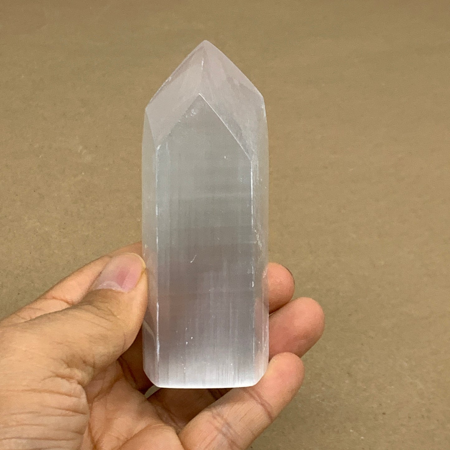 191g, 3.8"x1.5", Selenite (Satin Spar) Crystal Tower Point, B36021