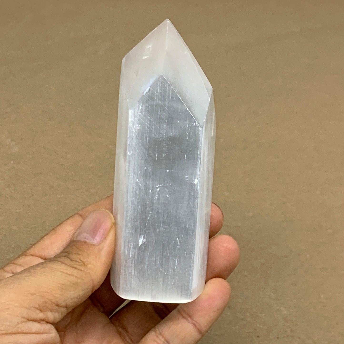 198g, 4"x1.6", Selenite (Satin Spar) Crystal Tower Point, B36031